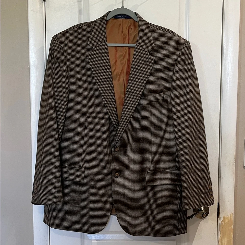 Alan Flusser Worsted Wool Houndstooth Blazer Jacket Sz 46R Tan/ Brown Academia